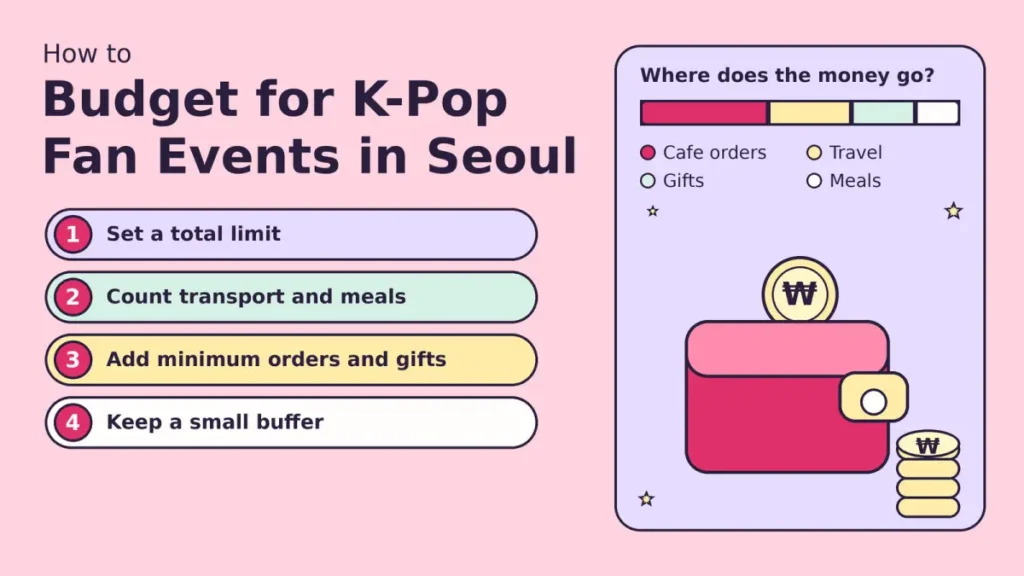 Illustration of a wallet and coins showing how to budget for K-pop fan events in Seoul