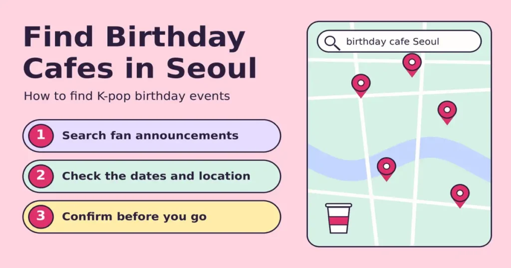 Map with pins showing how to find K-pop birthday cafes in Seoul