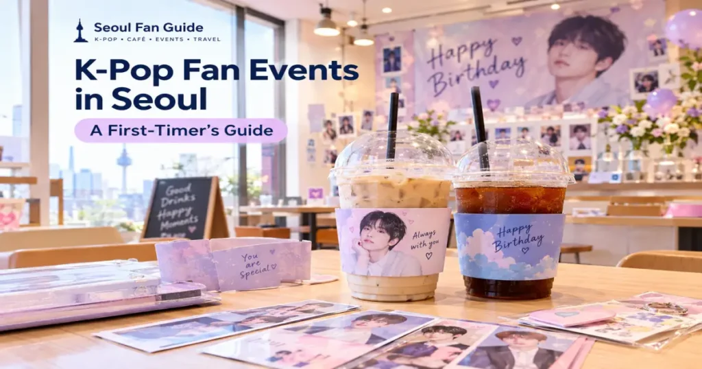 Seoul K-pop fan event café with birthday cup sleeves and fan gifts